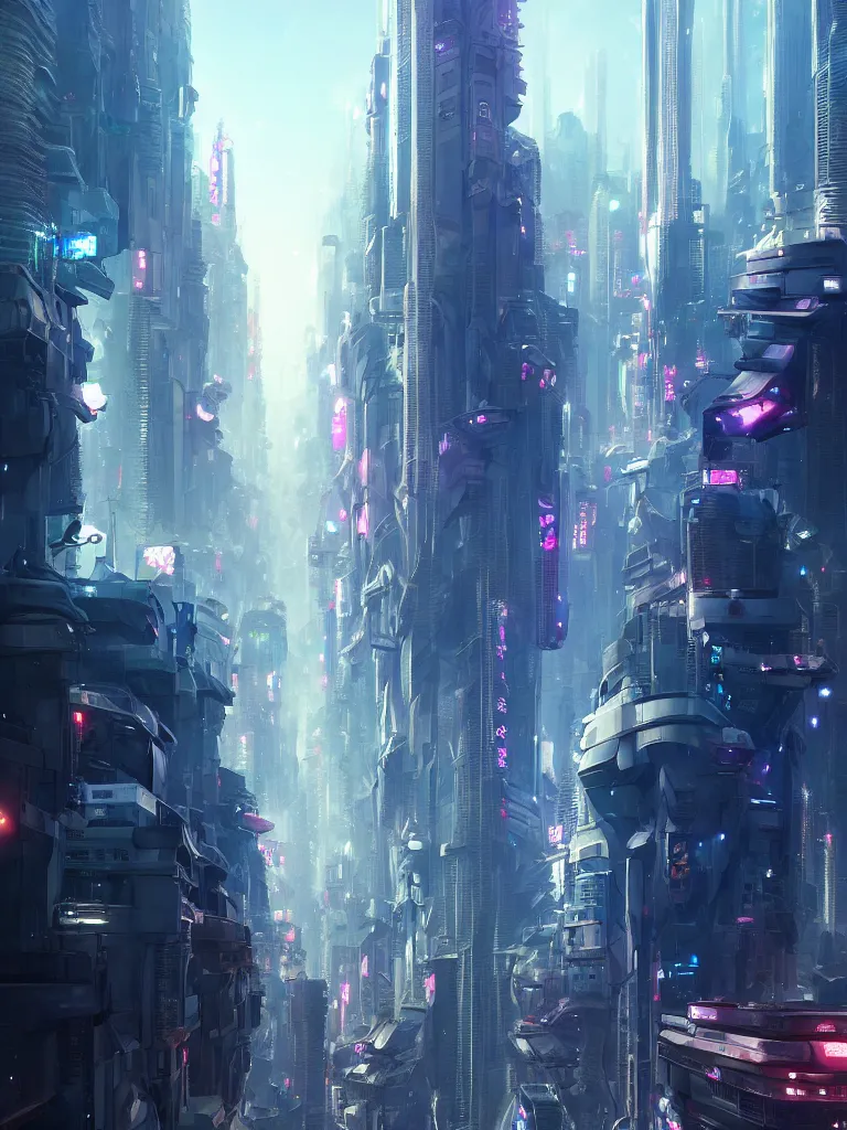 Prompt: Epic scene of a beautiful futuristic Tokyo, gigantic skyscrapers, edge highlights, by Greg Rutkowski and Alejandro Burdisio and Pan_Ren_Wei and Hongkun_st and WLOP and Feng Zhu, Madhouse Inc., anime style, Street level view, cgsociety, trending on artstation