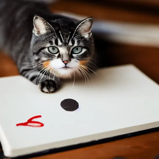 Image similar to a photo of a cat writing the word meow on a notepad