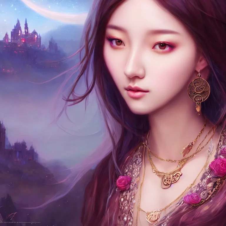 Prompt: masterpiece portrait charming and miracle female luxury astromancer boho accessories in dreamlike movie, akali, kpop, high detailed face, art by artgerm, greg rutkowski, sasoura, satchely, cg animation, big major starry sky and city in background, uhd, medium long shot, fantasy, twlight, no distorsion, sharp focus,