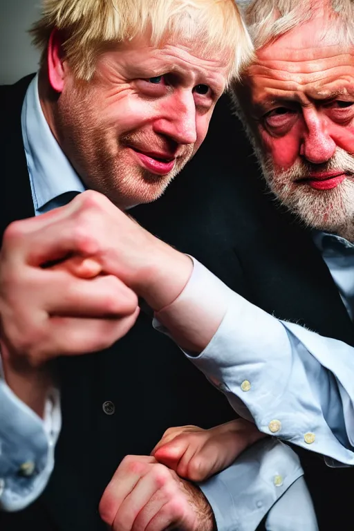 Image similar to boris johnson and jeremy corbyn holding hands, photographed, portrait, photographic, hdr, 4 k