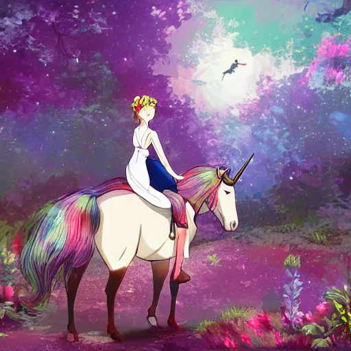 Image similar to a bautiful girl riding a unicorn in the forest. Digital art in the style of studio ghibli