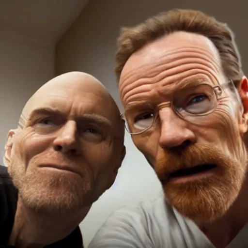 Prompt: A still of Jerma taking a selfie with Bald Bryan Cranston with a goatee in Albuquerque, New Mexico with a yellow filter, real life, hyperrealistic, ultra realistic, realistic, highly detailed, epic, HD quality, 8k resolution, body and headshot, Trending on Artstation, very realistic