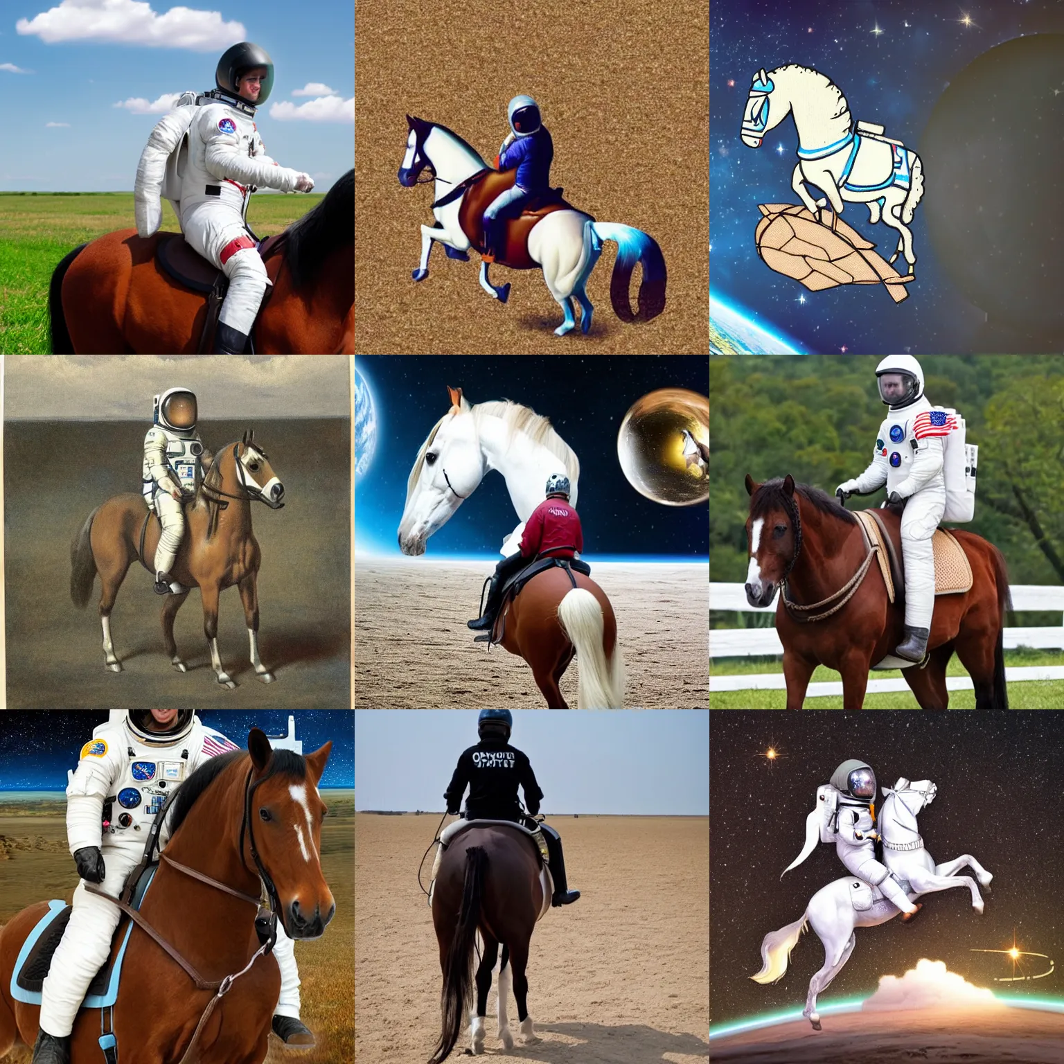 Prompt: a ( ( horse riding ) ) on back of an astronaut