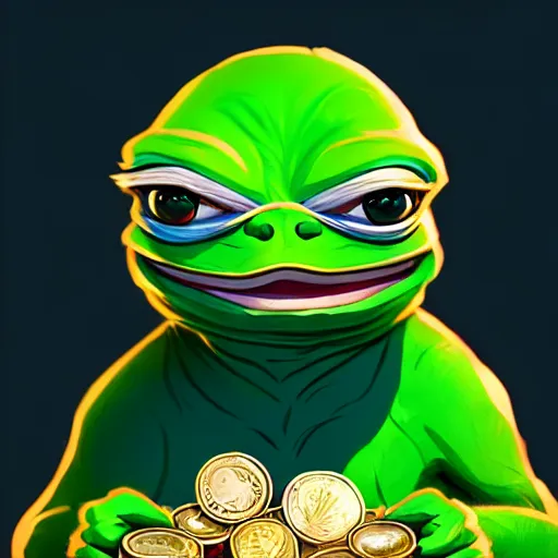 Image similar to super rich happy pepe, luxury, treasury, coins, money, hyper detalied, blue crystals, greg rutkowski, artstation