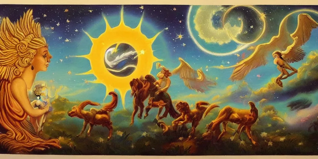Prompt: vintage beautiful astral painting of the last buffer with the gods of sun and moon