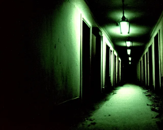 Image similar to dark abandoned hallway at night with eldritch horror, letterboxing, widescreen, 40mm tape, technicolour film, grainy, horror