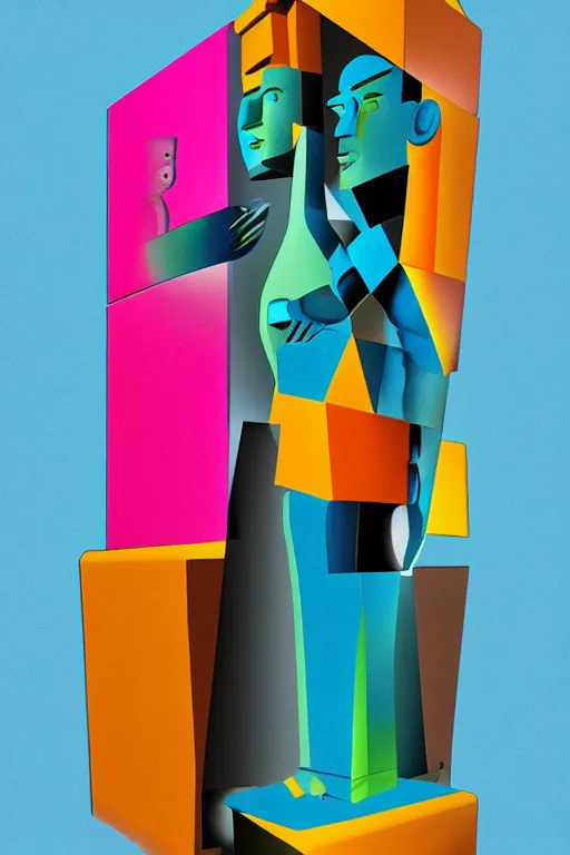 Image similar to cubist moai statue cutout digital illustration cartoon colorful beeple