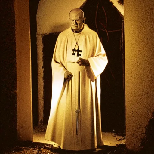 Image similar to award - winning photograph of john paul ii standing in the entrance to a small burning church building, at night, pitch black, christian cross