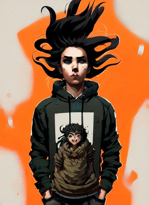 Image similar to highly detailed portrait of a sewer punk ricardo milos, tartan hoody, ringlet hair by atey ghailan, by greg rutkowski, by greg tocchini, by james gilleard, by joe fenton, by kaethe butcher, gradient orange, black, cream and white color scheme, grunge aesthetic!!! ( ( graffiti tag wall background ) )