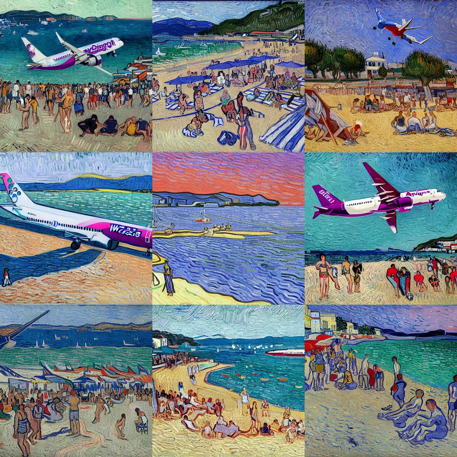 Prompt: a painting of a wizzair airbus a 3 2 1 neo landing at skiathos airport, low over the heads of the people on the beach, art by vincent van gogh