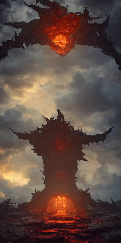 Image similar to The gate of hell in heaven, dramatic lighting, 8K HDR, octane render, unreal engine 5, tarot card, fantasy, concept art, digital art, trending on DeviantArt, trending on Artstation, high quality, highly detailed, high color contrast, path tracing, clouds