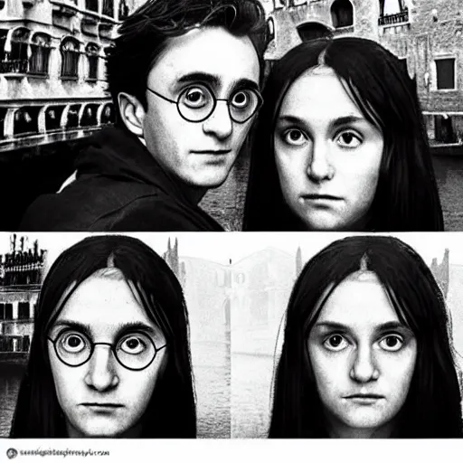 Image similar to Harry Potter and Hermione in Venice, symmetrical face, beautiful eyes, instagram photo,