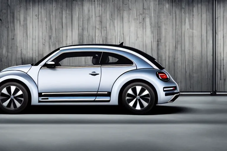 Prompt: Advertisement banner of the new electric Volkswagen Beetle 2023, silver chrome color, minimalist lines, gullwing side doors open!!! wooden interior, retro futuristic style!!!!! 4k,professional photograph, award winning advertising, creative