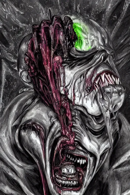 Prompt: joker - batman as xenomorph queen, psycho stupid fuck it insane, looks like death but cant seem to confirm, cinematic lighting, decaying acid bleeding colors! various refining methods, micro macro autofocus, ultra definition, award winning photo, to hell with you, later confirm hyperrealism, devianart craze, photograph picture taken by gammell - giger