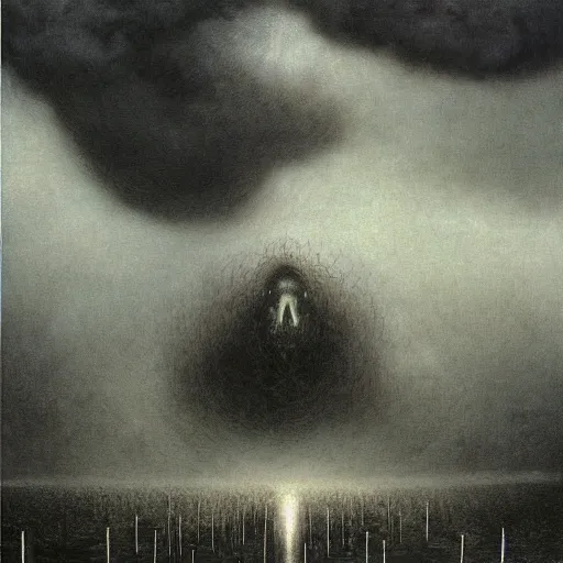 Prompt: dark storm clouds made out of hundreds of sad ghostly faces. berserk. lovecraftian. kentaro miura. painting by beksinski and ted nasmith.