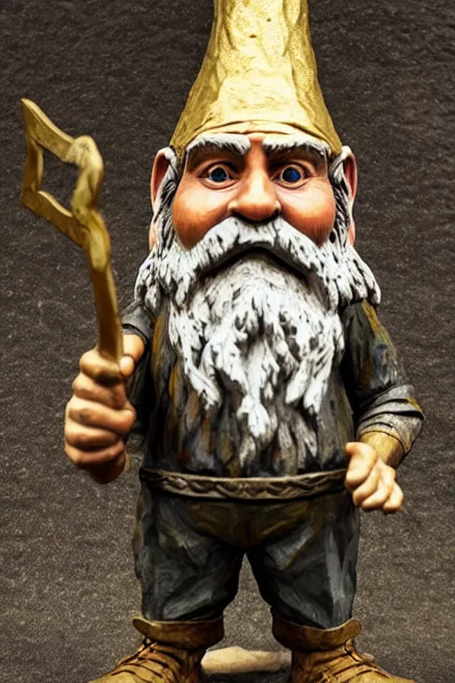 Image similar to photo taken of an epic intricate, ultra detailed, super realistic sculpture of gnome holding a pitchfork, sculpture on display, created by weta workshop, photorealistic, sharp focus, f 0. 4, face centred, golden ratio