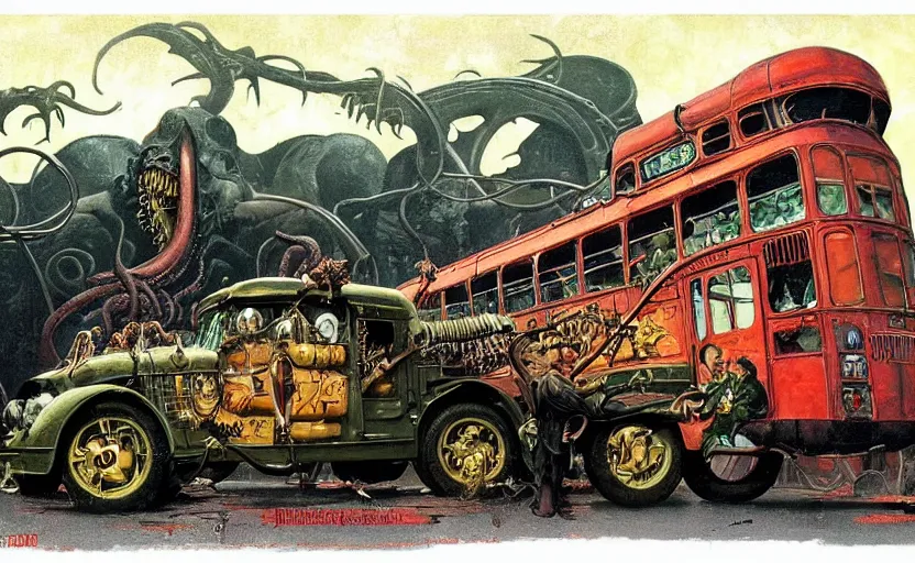 Image similar to cthulhu devouring a steampunk school bus. highly detailed science fiction painting by norman rockwell, frank frazetta, and syd mead. rich colors, high contrast, gloomy atmosphere, dark background. trending on artstation