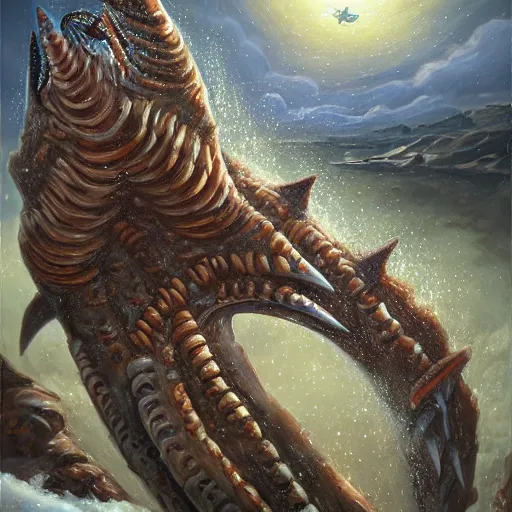 Image similar to a giant trypophobia shark worm attacks warriors in a snowy desert by the tony sart