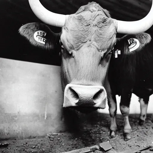 Prompt: ww 2 photograph of a buff cow staring at the camera, building rubble