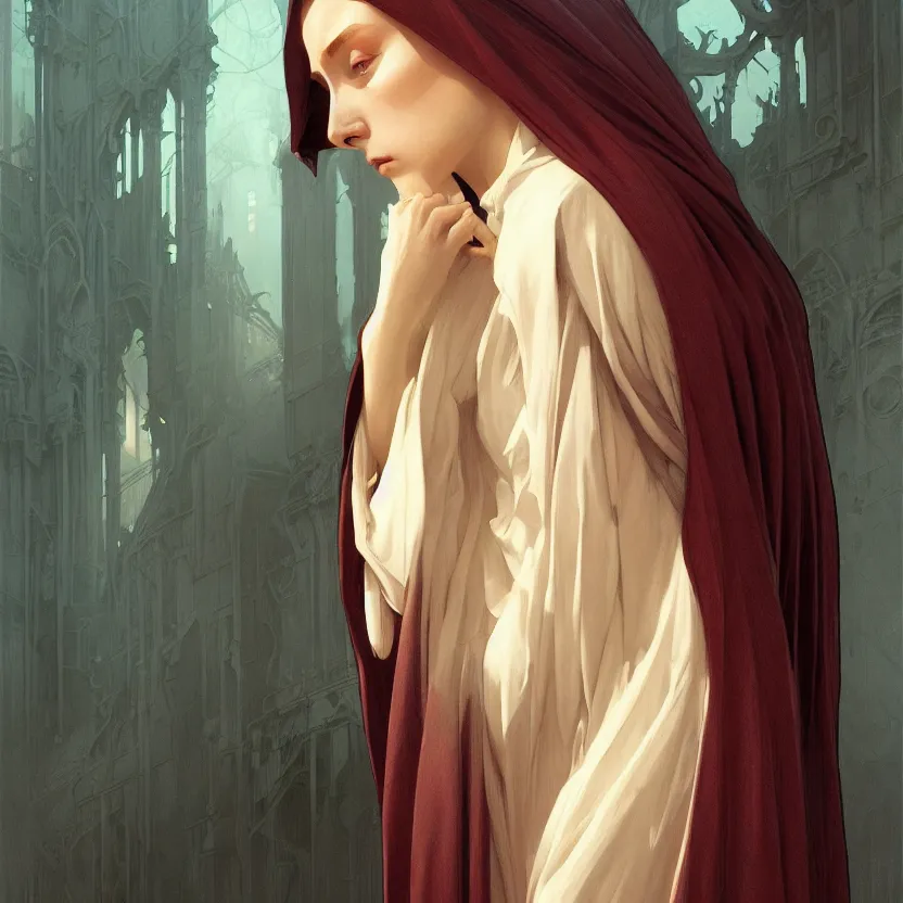 Prompt: Portrait of a young woman wearing a hooded robe, non-centered shot, unique pose, intricate, elegant, highly detailed, digital painting, artstation, concept art, smooth, sharp focus, illustration, art by artgerm and greg rutkowski and alphonse mucha, by beksinski