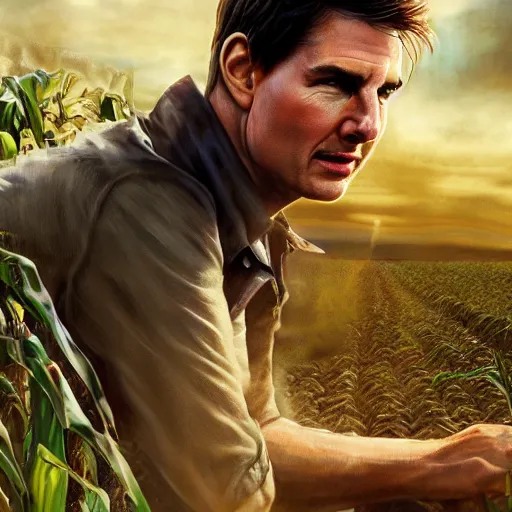 Prompt: Tom Cruise as a corn farmer, high resolution fantasy concept art, intricate details, soft lighting