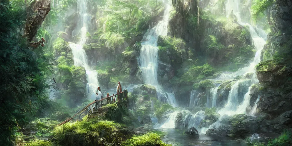 Image similar to waterfall in spring forest, d & d, fantasy, portrait, highly detailed, digital painting, trending on artstation, concept art, sharp focus, illustration, art by artgerm and greg rutkowski and magali villeneuve