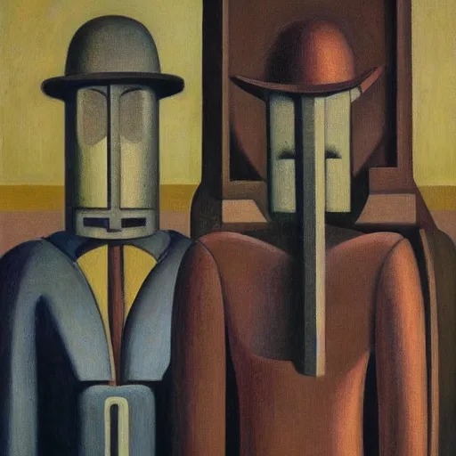 Image similar to three brutalist robot bishops portrait, grant wood, pj crook, edward hopper, syd mead, oil on canvas