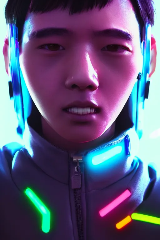 Image similar to teenagers of the future in Singapore 3000, cyberpunk, close-up portrait, hyper realistic, volumetric lighting, scenery, digital painting, highly detailed, artstation, neon