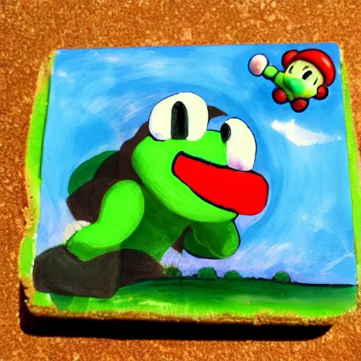 Image similar to oil on styrofoam crust - painting with melt of the yoshi story where baby mario is eaten by kirby