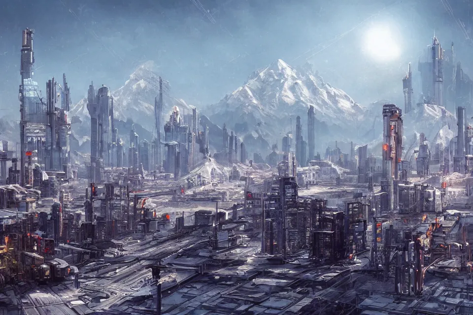 Image similar to the cyberpunk Russian empire, industrial citadel of black domes and spires, snow capped mountains