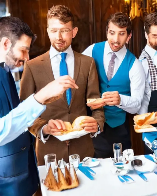 Prompt: a group of well dressed gentleman eating blue toothpaste toasts in a fancy restaurant,