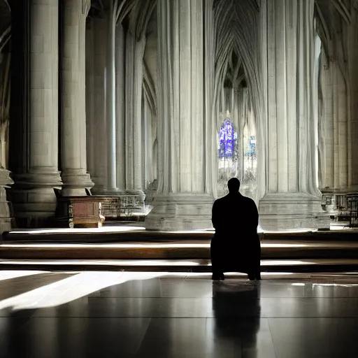 Prompt: man in large throne room of grand cathedral, sitting alone, shadows, fantasy, wallpaper