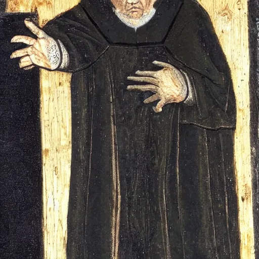 Image similar to a medieval priest in a black fur cloak with a wooden mask