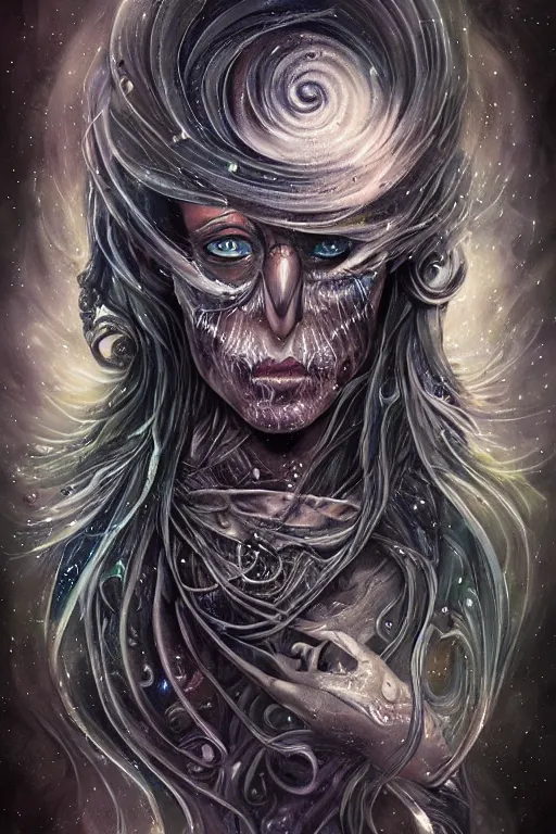 Image similar to a wlop 3 d render of very very very very highly detailed beautiful mystic portrait of a phantom undead raven with whirling galaxy around, tattoos by anton pieck, intricate, extremely detailed, digital painting, artstation, concept art, smooth, sharp focus, illustration, intimidating lighting, incredible art,