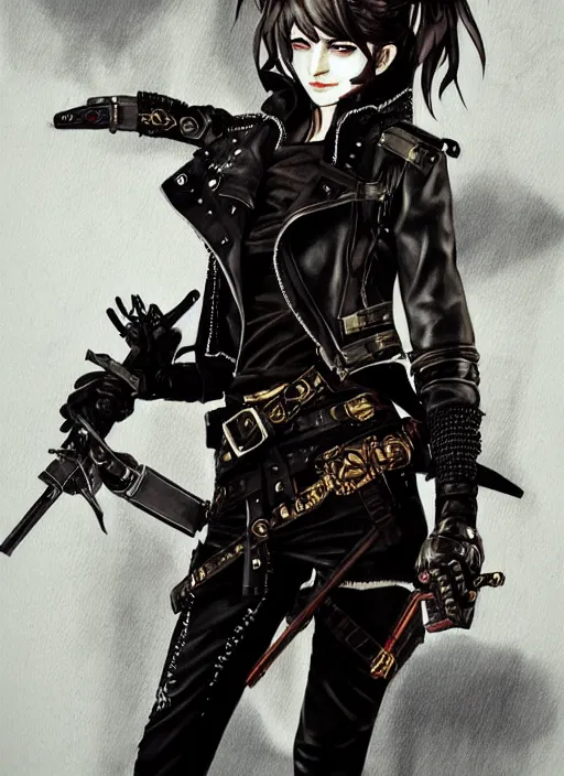 Image similar to Half body portrait of young woman with short hair, eyepatch and ornate leather jacket, pirate attire. In style of Yoji Shinkawa and Hyung-tae Kim, trending on ArtStation, dark fantasy, great composition, concept art, highly detailed, dynamic pose.