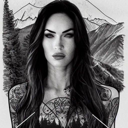 Image similar to megan fox face double exposure effect with beautiful mountain scenery, tattoo design sketch, in the style of matteo pasqualin, amazing detail