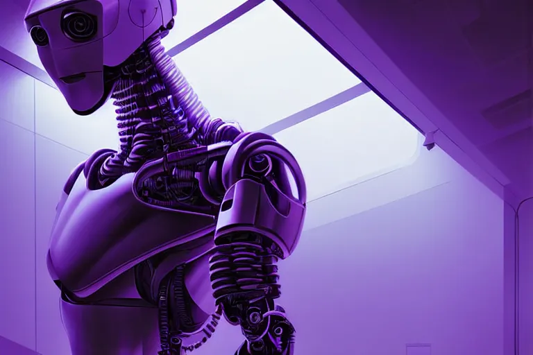 Image similar to hyperrealistic medium shot robot cyborg in data center server by denis villeneuve and stanley kubrick highly detailed concept art eric zener elson peter cinematic hard purple lighting high angle hd 8 k sharp shallow depth of field