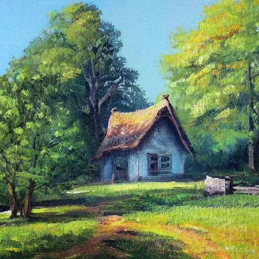 Prompt: house in the countryside on a sunny day, forest, detailed, peaceful, brush strokes, oil painting