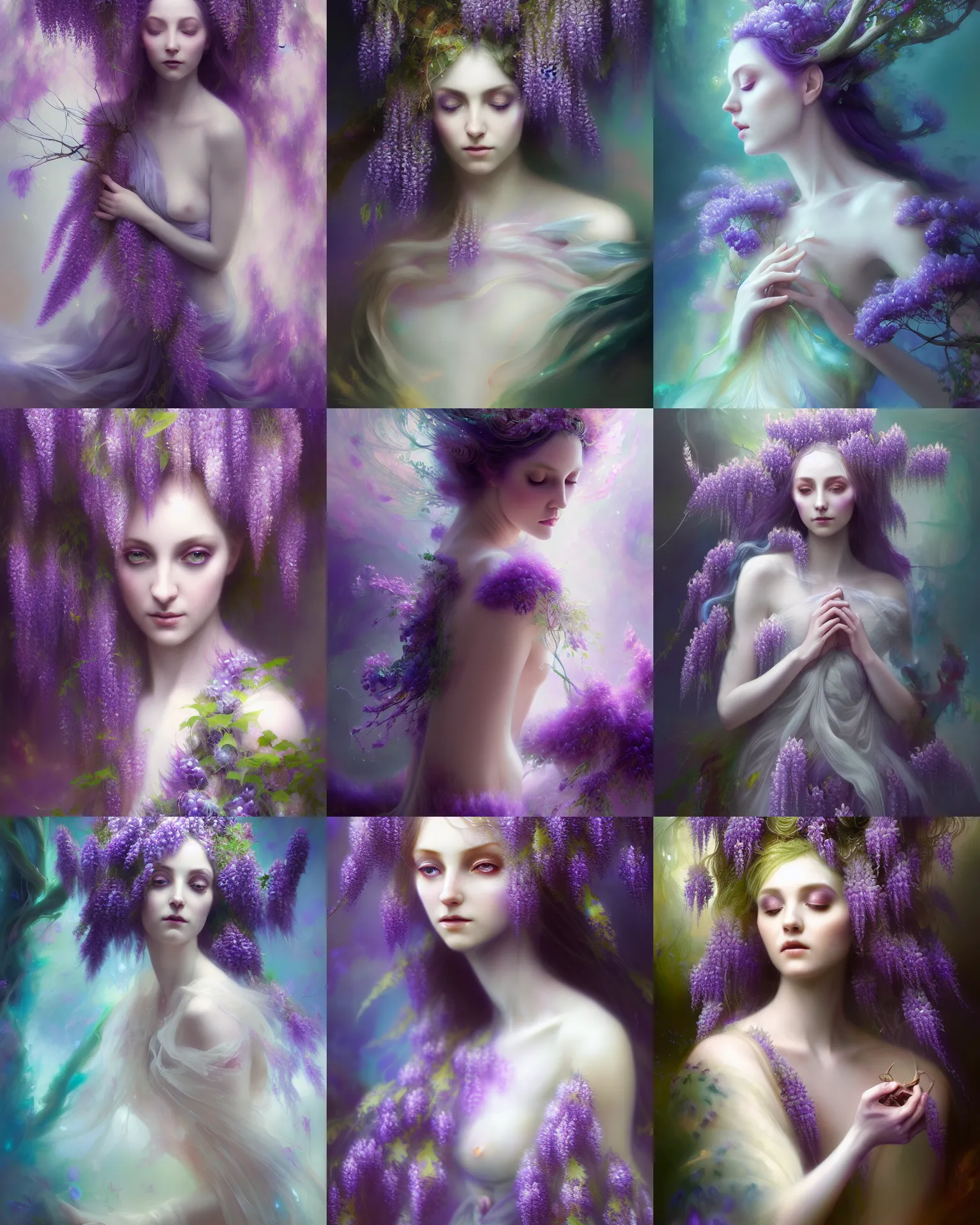 Prompt: Full View Portrait Mystical ethereal wisteria deity wearing beautiful dress, wisteria Dryad, 4k digital masterpiece by Anna dittman and Ruan Jia and Alberto Seveso, fantasycore, Hyperdetailed, realistic oil on linen, soft lighting, wisteria background, featured on Artstation