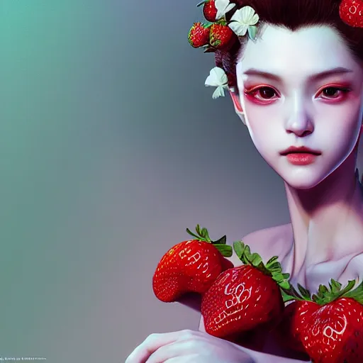 Image similar to the portrait of an absurdly beautiful, graceful, elegant, sophisticated, fashionable young gravure idol made of strawberries and white petals, an ultrafine hyperdetailed illustration by kim jung gi, irakli nadar, intricate linework, bright colors, octopath traveler, final fantasy, unreal engine 5 highly rendered, global illumination, radiant light, detailed and intricate environment