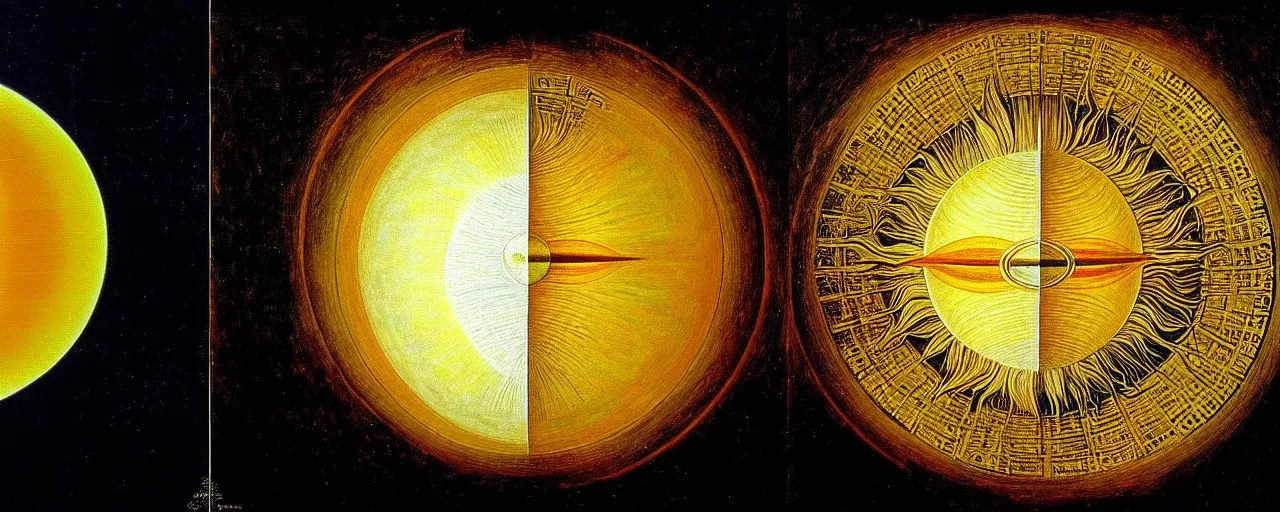 Image similar to the sun radiates a unique canto'as above so below'to the moon, while being ignited by the spirit of haeckel and robert fludd, breakthrough is iminent, glory be to the magic within, in honor of saturn, painted by ronny khalil