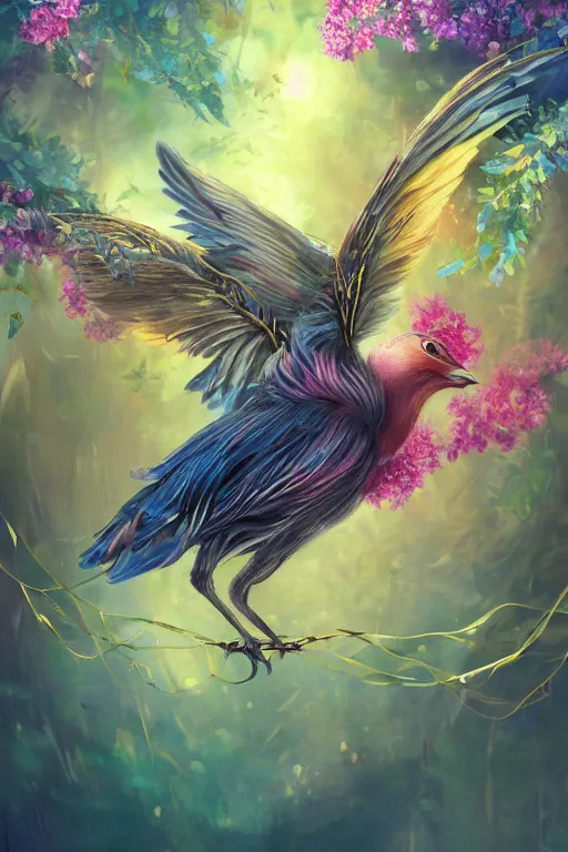 Prompt: breathtaking detailed soft painting of a bird with golden ribbons in an enchanted forest, art by celestialfang, matchach, dustin panzino, trending on artstation, sunlight and vibrant flowers floating around in a tumultuous sky, detailed symmetrical facial features, hyper detailed, volumetric lighting, concept art, matte, sharp focus, art