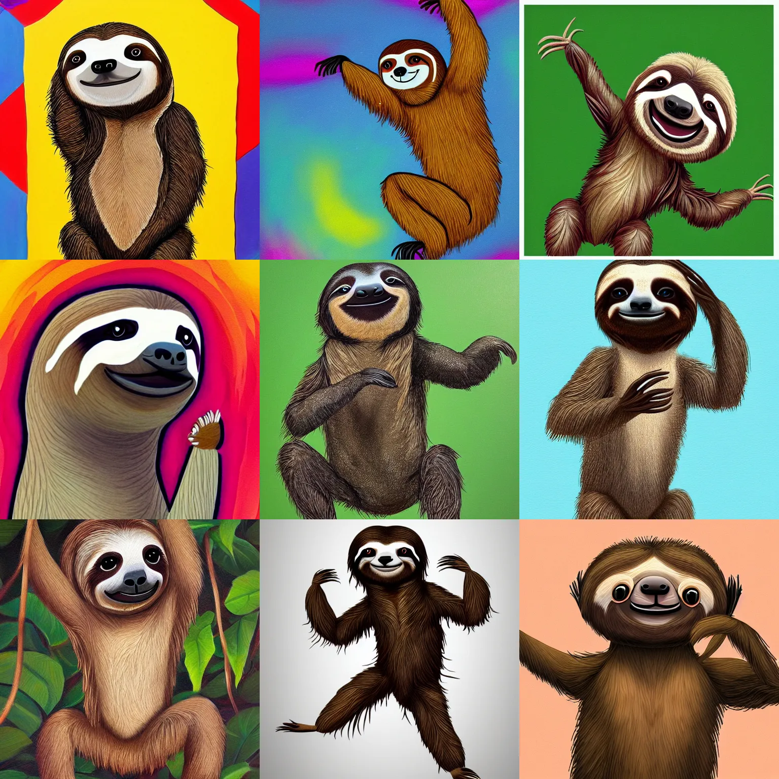 Image similar to beautiful art of a sloth dancing with joy, full body art, trending on ArtStation