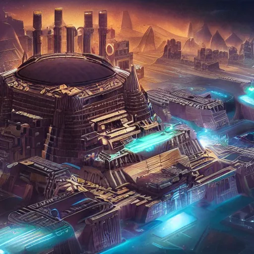 Image similar to a scene of the beautiful intricate epic futuristic pharaoh city with a cyber sphinx, a clearly hovering cyber pyramid, hyper detailed, cinematic lighting