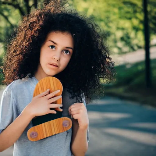 Image similar to a girl with curly black hair holding a skateboard, Backlighting