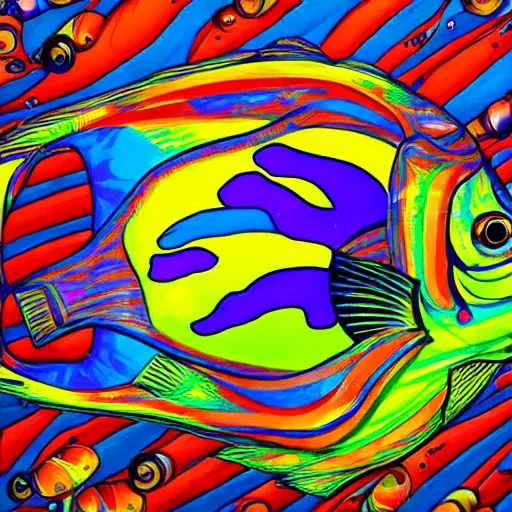 Image similar to psychedelic, photorealistic, colorful fish in a maximalist style on a background that fades to black