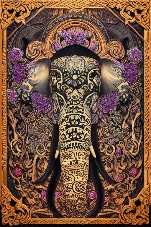 Image similar to Painted dark-wood panel relief carving of a close up of a Flowerpunk Matriarch Elephant, ornate border frame, explosion of colorful flowers, dark wood, intricately carved, black ink, festival of rich colors, intricate details, cinematic lighting, volumetric lighting, post-processing, art nouveau, tarot, fractal art, mandala, by andreas rocha and john howe, and Martin Johnson Heade, featured on artstation, featured on behance, golden ratio, hyper detailed, photorealistic, epic composition, center spotlight, f32, well composed, symmetrical, UE5, 8k