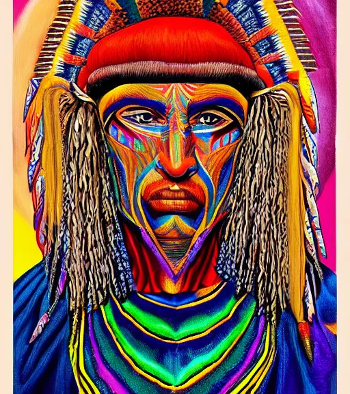 Image similar to Portrait painting in a style of Alex Grey of a shaman dressed in a colorful traditional clothes.