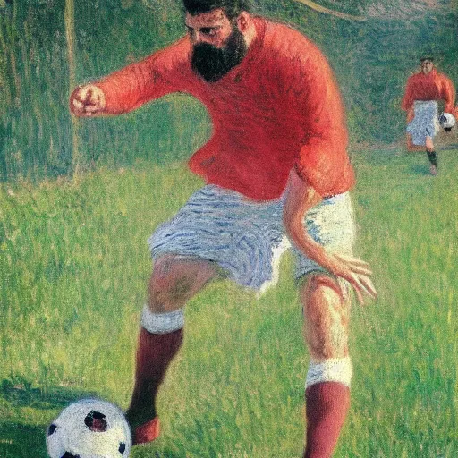 Image similar to monet painting of a bearded man getting hit in the groing with a soccer ball, highly detailed, realistic,