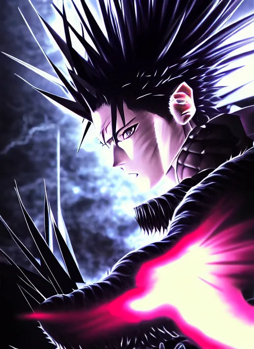 Image similar to a detailed manga full body portrait illustration of a dark spiky haired cyborg anime man surrounded by dark steam by hirohiko araki, detailed artwork, realism, 4 k resolution, detailed, high quality, sharp focus, hq artwork, insane detail, volumetric lighting, character concept art, fine details, clear subject, central subject